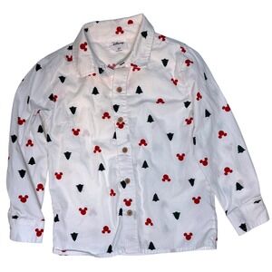 Disney 5T Button Down Shirt Kids White Mickey Mouse Christmas  Cotton